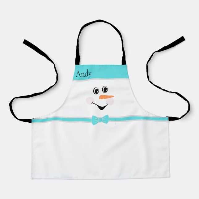 Modern Cute Custom Snowman face Teal Bow Apron (Front)