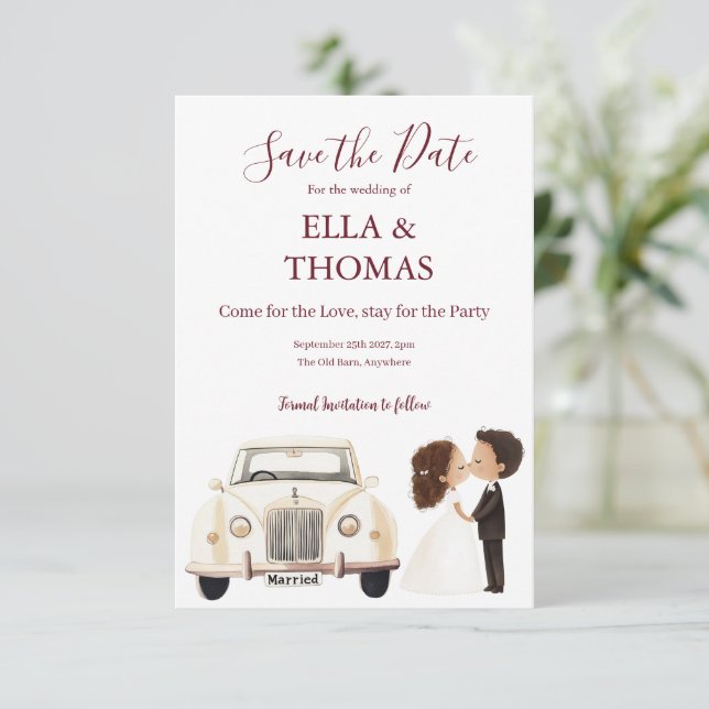 Modern Cute Deep Burgundy Text Save The Date (Standing Front)