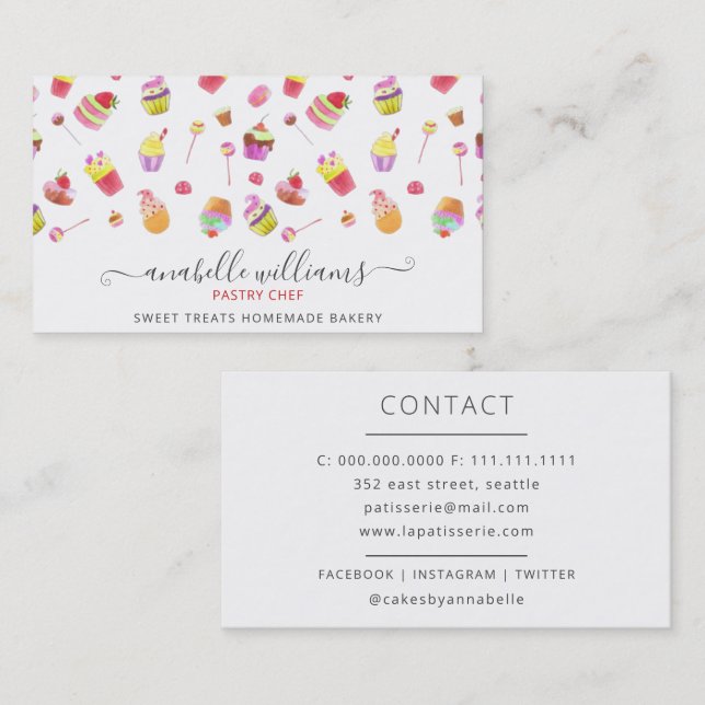 Modern Cute Desserts Cakes Bakery Pastry Chef Business Card (Front/Back)