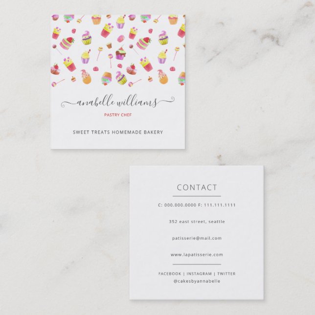 Modern Cute Desserts Cakes Bakery Pastry Chef Square Business Card (Front/Back)