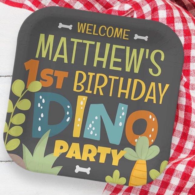 Modern Cute Dino Dinosaur Kid's Birthday Paper Plates (Creator Uploaded)
