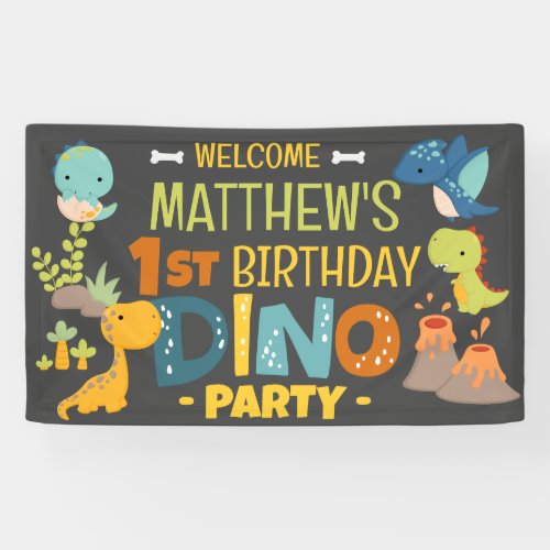 Modern Cute Dino Dinosaur Kids Birthday Party Banner