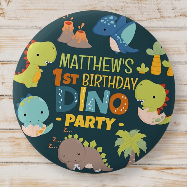 Modern Cute Dino Dinosaur Kid's Birthday Party Button (Creator Uploaded)