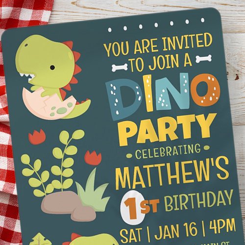 Modern Cute Dino Dinosaur Kids Birthday Party Invitation