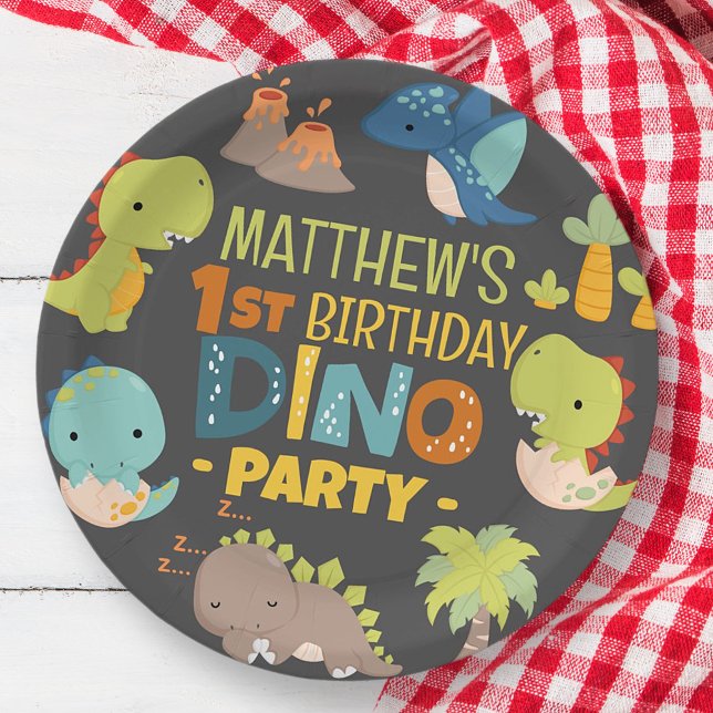 Modern Cute Dino Dinosaur Kid's Birthday Party Paper Plates (Creator Uploaded)