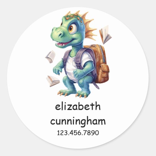 Modern Cute Dinosaur Back to School Name  Classic Round Sticker