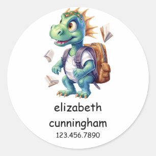 Modern Cute Dinosaur Back to School Name Classic Round Sticker