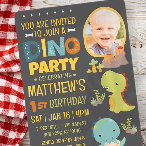 Modern Cute Dinosaur Dino Kids Birthday Party Invitation