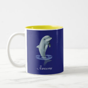 Modern Cute Dolphin, Script and Monogram on Blue Two-Tone Coffee Mug