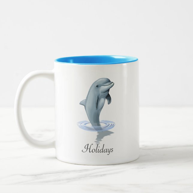 Modern Cute Dolphin, Script and Monogram Two-Tone Coffee Mug (Left)