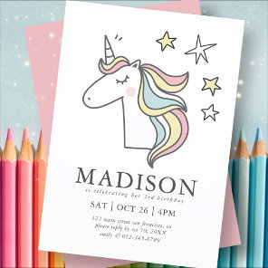 Modern Cute Doodle Unicorn Stars Birthday Invitation