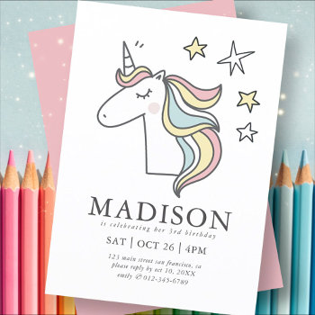 Modern Cute Doodle Unicorn Stars Birthday Invitation by SelectPartySupplies at Zazzle