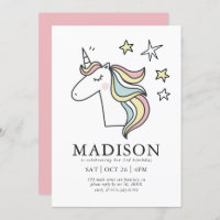 Modern Cute Doodle Unicorn Stars Birthday Invitation