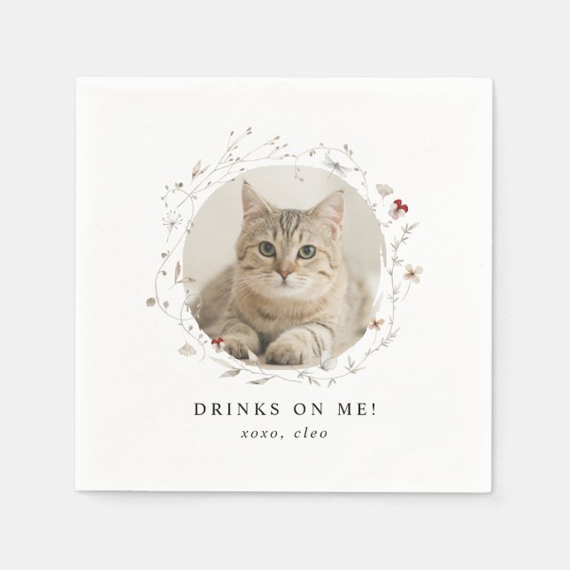 Modern Cute Drinks on Me Pet Photo Wedding Napkins (Front)
