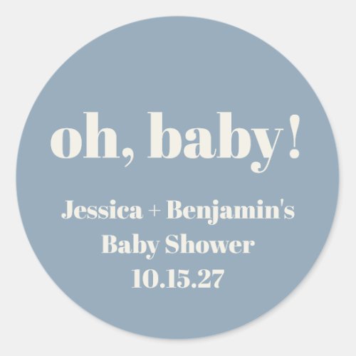 Modern Cute Dusty Blue Baby Shower Custom Name Classic Round Sticker