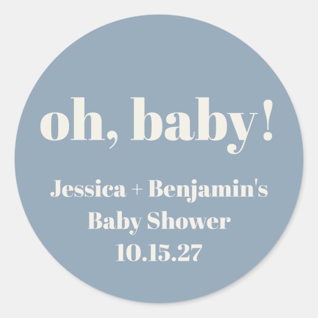 Modern Cute Dusty Blue Baby Shower Custom Name Classic Round Sticker (Front)