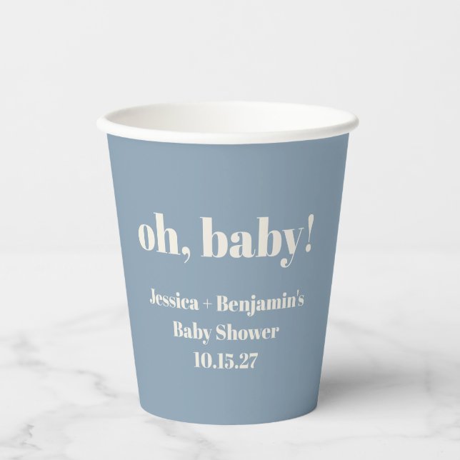 Modern Cute Dusty Blue Baby Shower Custom Name Paper Cups (Front)