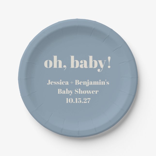 Modern Cute Dusty Blue Baby Shower Custom Name Paper Plates (Front)