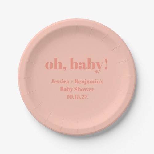 Modern Cute Dusty Peach Baby Shower Custom Name Paper Plates