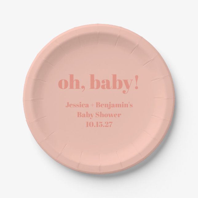 Modern Cute Dusty Peach Baby Shower Custom Name Paper Plates (Front)