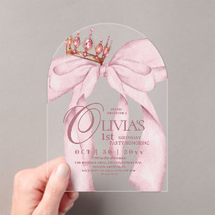 Modern Cute Dusty Pink Bow 1st Birthday  Acrylic Invitations