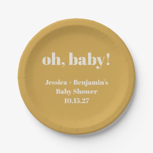 Modern Cute Dusty Yellow Baby Shower Custom Name Paper Plates