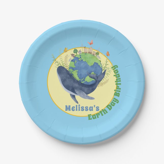 Modern Cute Earth Day Birthday Blue Whale Paper Plates (Front)