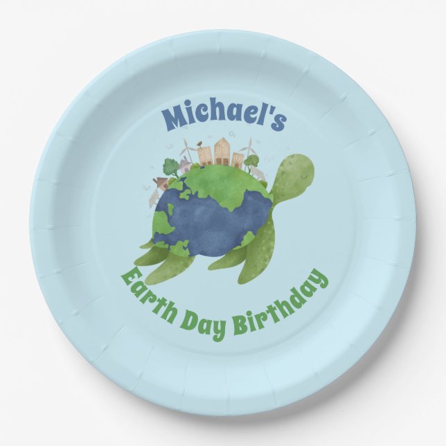 Modern Cute Earth Day Sea Turtle Birthday Party Paper Plates (Front)