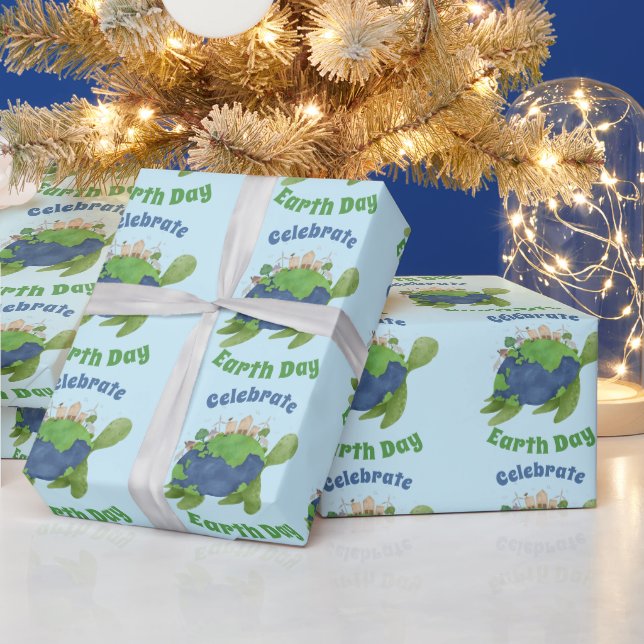 Modern Cute Earth Day Sea Turtle Custom Text Wrapping Paper (Holidays)