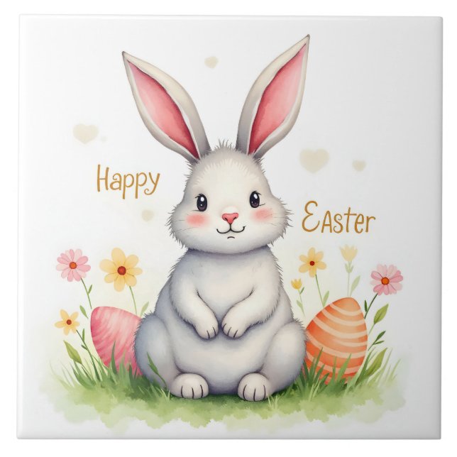 Modern Cute Easter Bunny And Eggs Collection Ceramic Tile (Front)