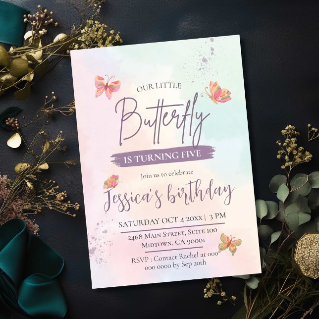 Modern cute elegant butterfly themed 5th birthday invitation (Creator Uploaded)