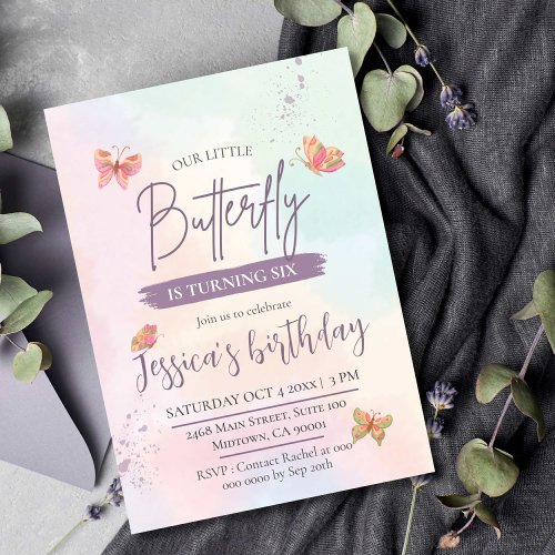 Modern cute elegant butterfly themed 6th birthday  invitation