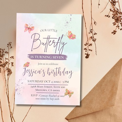 Modern cute elegant butterfly themed 7th birthday  invitation