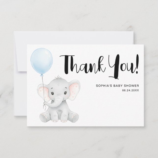 Modern Cute Elephant Baby Shower Thank You Card (Front)