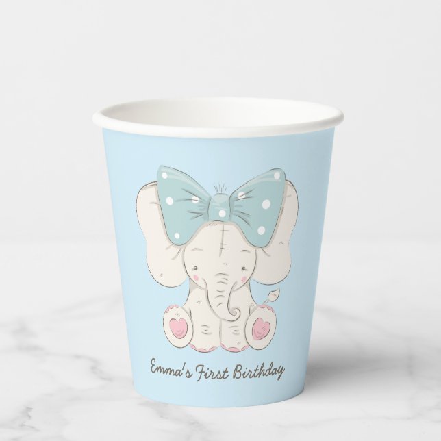 Modern Cute Elephant First Birthday Paper Cups (Front)