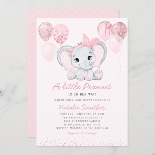 Modern Cute Elephant Girl Balloons Baby Shower Inv Invitation