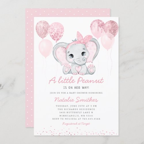 Modern Cute Elephant Girl Balloons Baby Shower Invitation