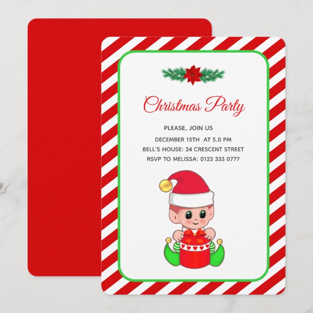 Modern Cute Elf on Red & White Christmas Party Invitation (Front/Back)