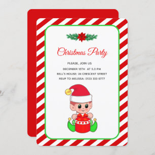 Modern Cute Elf on Red & White Christmas Party Invitation