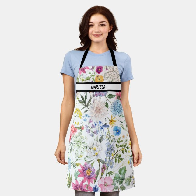 Modern Cute Floral Customizable Name  Apron (Worn)