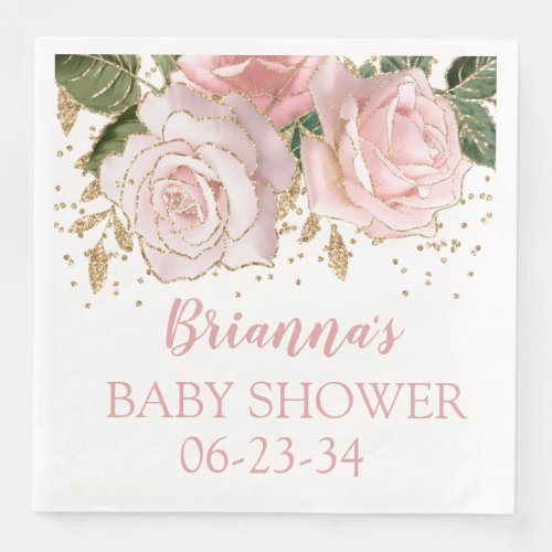 Modern Cute Floral Gold Baby Girl Shower Dinner Paper Dinner Napkins