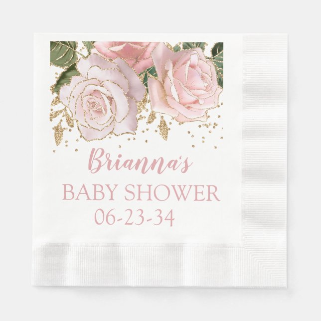 Modern Cute Floral Gold Baby Girl Shower Luncheon Napkins (Front)