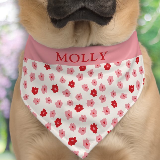 Modern Cute Floral Pattern Pink Red Pet Name Bandana Collar (Creator Uploaded)