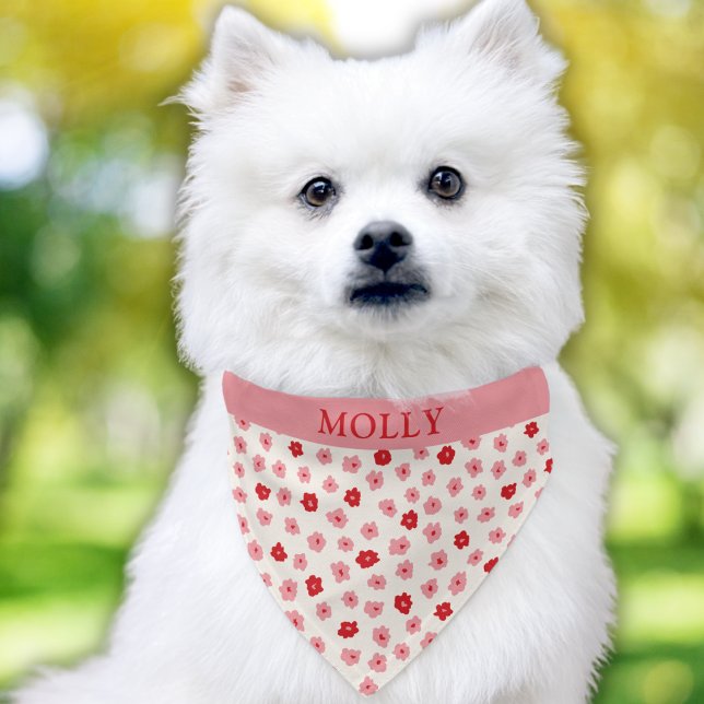 Modern Cute Floral Pattern Pink Red Pet Name Pet Bandana Collar (Creator Uploaded)