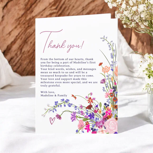 Modern Cute Floral Wildflowers 1st birthday Thank You Card | Zazzle
