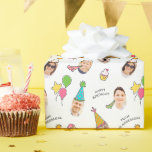 Modern Cute Funny Birthday Hats Photo  Wrapping Paper<br><div class="desc">This simple and modern design is composed of playful typography with birthday cake,  balloons and hats. Add photos of your family.</div>