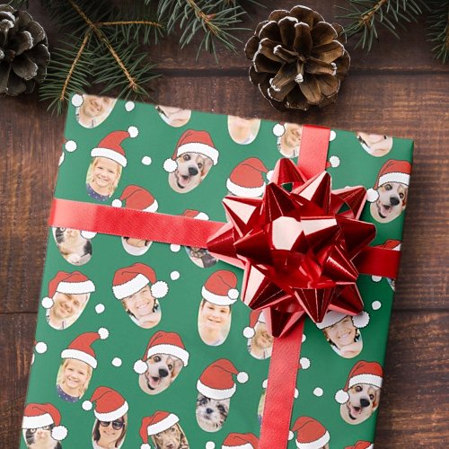 Modern Cute Funny Santa Hats Nine Family Photos Wrapping Paper