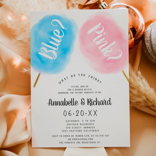 Modern cute gender reveal blue pink cotton candy invitation