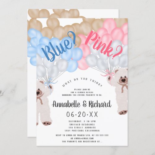 Modern cute gender reveal blue pink teddy bear invitation