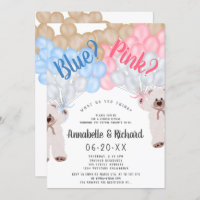 Modern cute gender reveal blue pink teddy bear invitation